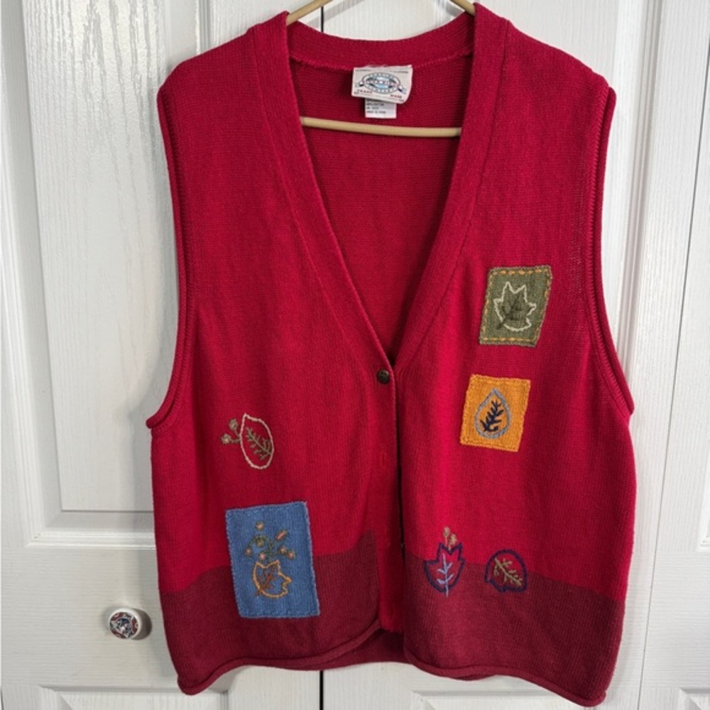 River Ridge Trading Company Two Tone Red Knitted Vest‎ Leaf Patches Women's 2XL